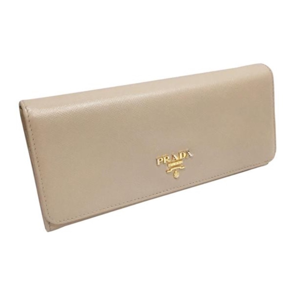 Prada tan saffiano leather long snap wallet